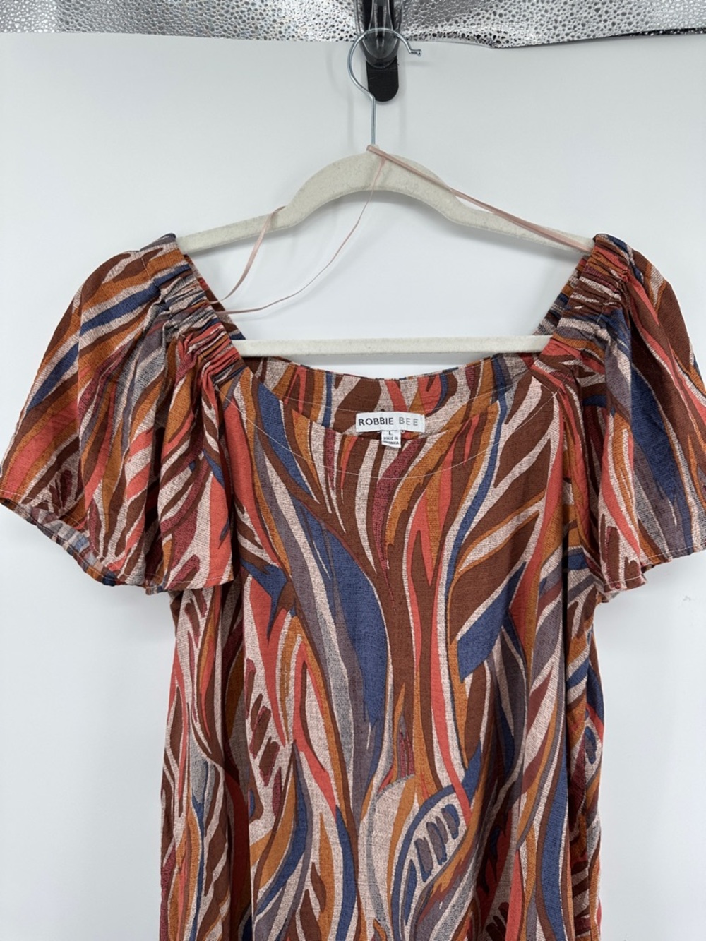 Robbie Bee Cottagecore Boho Coastal Retro Rust Multicolor Wave Print Dress SzL - Picture 3 of 9